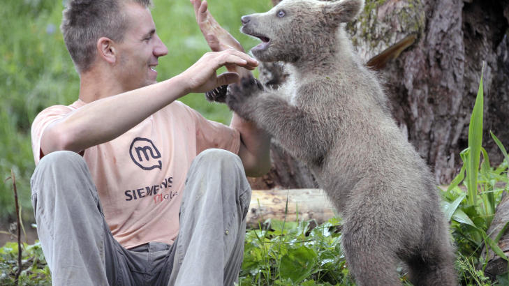 GOD LEK: Matevz Logar leker med Medo. Foto: REUTERS/Srdjan Zivulovic/SCANPIX