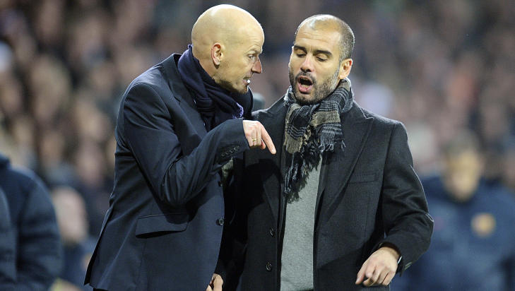 HETT:  St�le Solbakken og Pep Guardiola havnet i en opphetet diskusjon da F.C.K�benhavn og Barcelona m�ttes i Parken 2. november 2010. FOTO: NTB SCANPIX