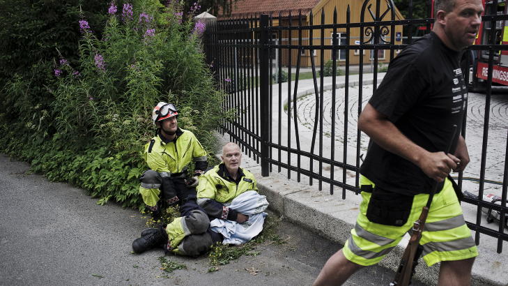 MANGE I SVING: Legg merke til �pningen der brannvesenet har b�yd gjerdet for � f� l�s det vettskremte r�dyret.
Foto: Aleksander Andersen / Scanpix