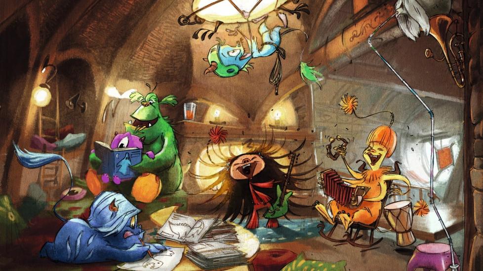 DETALJRIKDOM: Her er et av de f�rste bildene fra Dunderly. B�ker, spill og leker om de fargerike monsterne kommer i september. Illustrasjon: Endre Skandfer