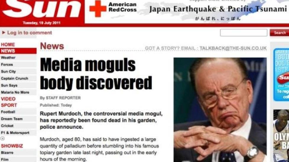 FALSK NYHET: Hackere kom seg inn i serverne til tabloidavisen The Sun og meldte at Rupert Murdoch var d�d i natt. Faksimile