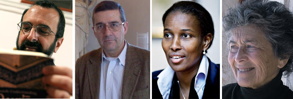 BLE BRUKT AV BREIVIK: Fra venstre Robert Spencer, Serge Trifkovic, Aaayan Hirsi Ali og Bat Ye'or. Behring Breivik nevner en rekke navn i sitt 1500 siders manifest. Disse er sammen med bloggeren Fjordmann og skribenten Bruce Bawer de fremste han hyller. Foto: SCANPIX/PRIVAT