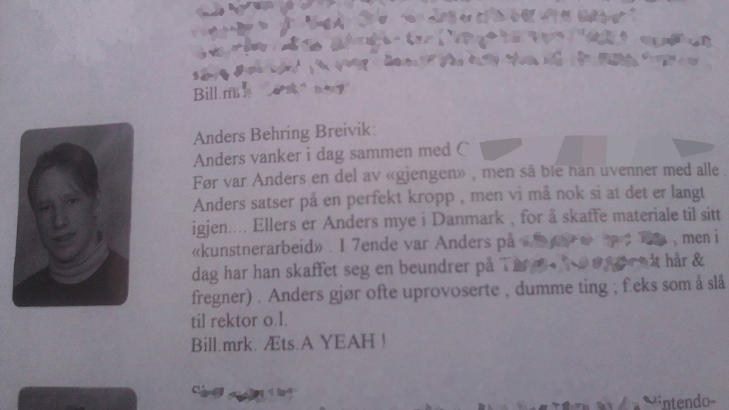 ÅRBOKA FRA RIS UNGDOMSSKOLE: I årboka påstås det at Anders Behring Breivik forsøkte å slå til rektor, og at han er blitt uvenner med alle. Slike årbøker skrives ofte i en frekk tone. ÅRBOKA FRA RIS UNGDOMSSKOLE: I årboka påstås det at Anders Behring Breivik forsøkte å slå til rektor, og at han er blitt uvenner med alle. Slike årbøker skrives ofte i en frekk tone.