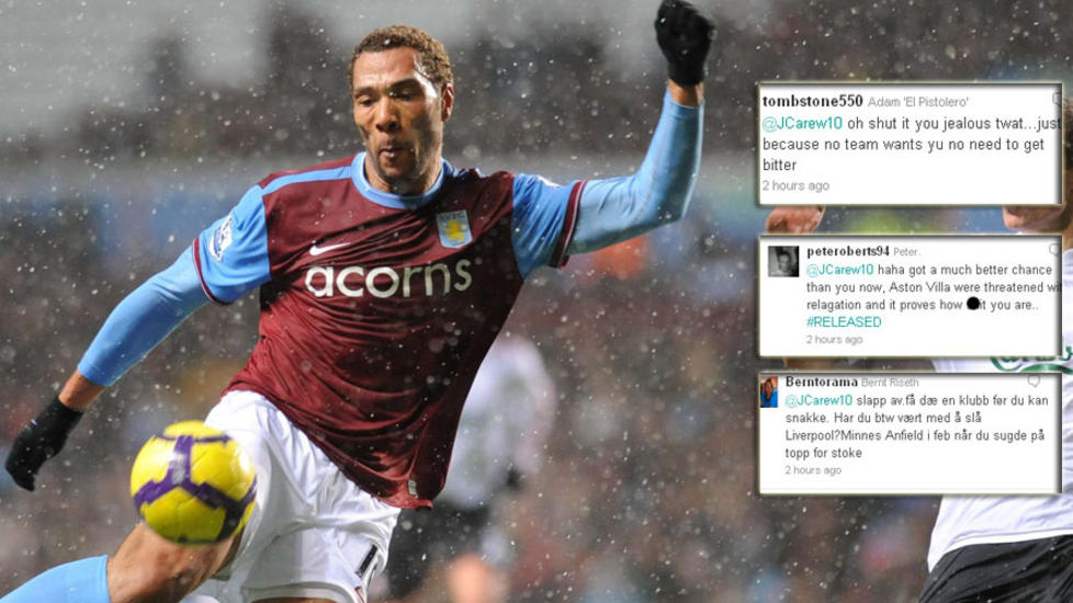 HETSET AV LIVERPOOL-FANSEN: John Carew blir hetset p� Twitter etter at han la ut en melding om V�lerengas uavgjortkamp mot Liverpool i g�r. Foto: Scanpix / Faksimilie: Twitter
