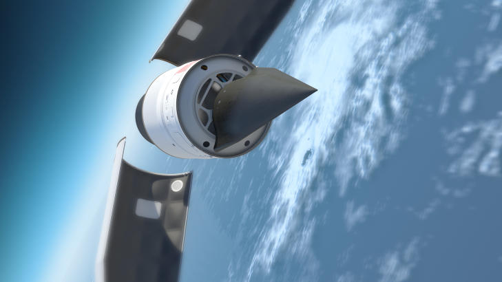 SKYTES OPP: Flyet skytes opp i en rakett f�r det stuper ned mot m�let p� jorda. Illustrasjon: AP Photo/DARPA/Scanpix