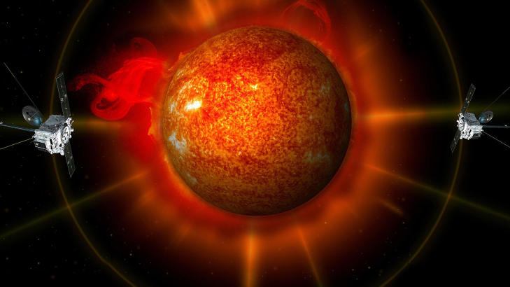 TVILLINGER: De nesten identiske sondene Stereo-A og Stereo-B observerer sola samtidig fra hvert sitt synspunkt. Foto: AFP PHOTO/NASA/SCANPIX