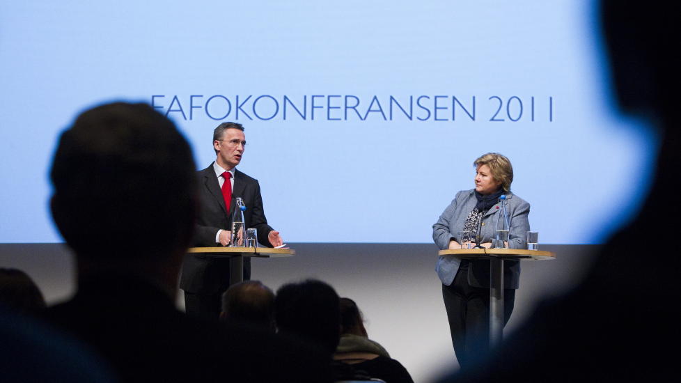 BEGGE FRAM: Statsminister Jens Stoltenberg og Erna Solberg g�r begge fram p� Dagbladets m�ling. Foto: Berit Roald / Scanpix