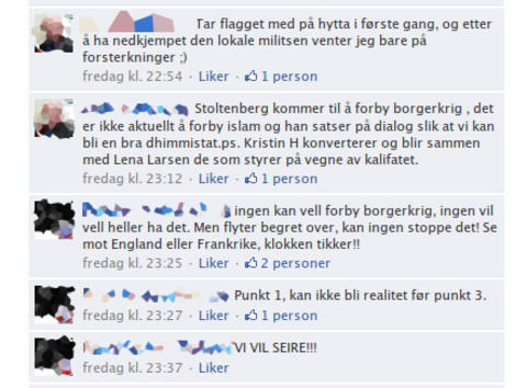 SER FOR SEG BORGERKRIG: Norske medlemmer på Facebookgruppa til Norwegian Defence League tror Kristin Halvorsen blir muslim. SER FOR SEG BORGERKRIG: Norske medlemmer på Facebookgruppa til Norwegian Defence League tror Kristin Halvorsen blir muslim.