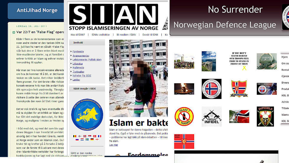 H�YREEKSTREME MILJ�ER: Det antimuslimske milj�et opererer p� internett. Her florerer forestillinger om at Norge er i ferd med � bli invadert og okkupert av muslimer. Collage av bloggen Anti Jihad Norge som ble nedlagt etter terrangrepet, Norwegian Defence leage og SIAN (Stopp Islamiseringen av Norge).