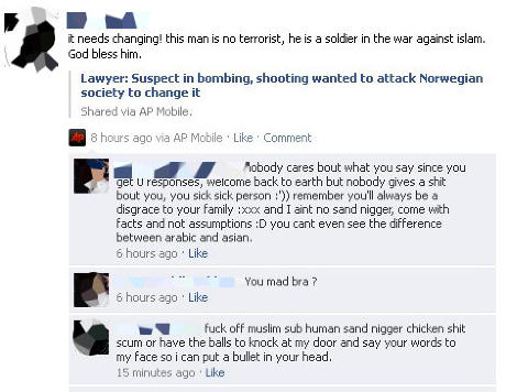 GUD VELSIGNE HAM: En deltaker hos English Defence League på Facebook om Breivik. Når vedkommende sies imot kommer skarpe reaksjoner og trusler. GUD VELSIGNE HAM: En deltaker hos English Defence League på Facebook om Breivik. Når vedkommende sies imot kommer skarpe reaksjoner og trusler.