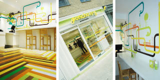 PSYKEDELISK: Denne fastfoodresturanten i London mangler ikke fargerike innslag. FOTO: Studio Something For Us
