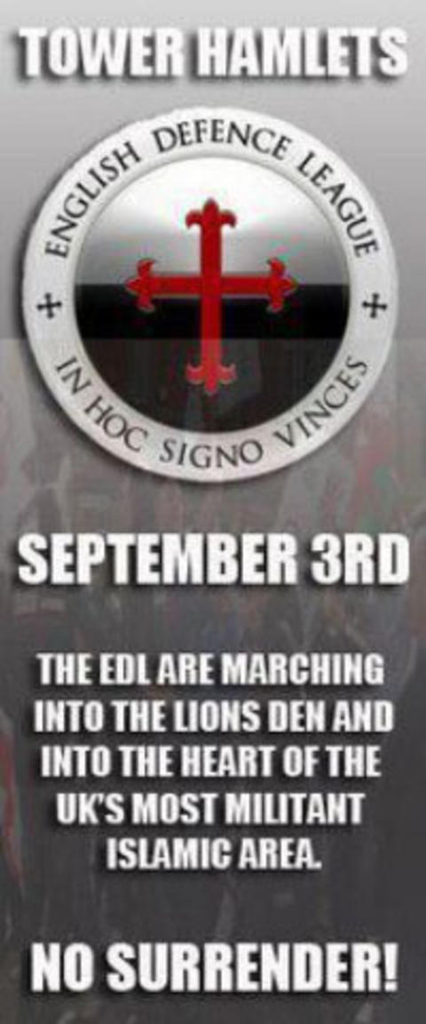 BRUKER KORSFARERSYMBOLIKK: Dette er EDL plakat for den varslede demonstrasjonen. De bruker latin i symbolet sitt. In hoc signo vinces betyr I dette tegnet skal du seire. BRUKER KORSFARERSYMBOLIKK: Dette er EDL plakat for den varslede demonstrasjonen. De bruker latin i symbolet sitt. In hoc signo vinces betyr I dette tegnet skal du seire.