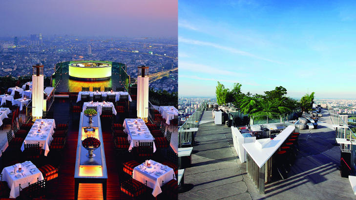 H�YESTE TAKTERRASSER: Restauranten Sirocco (t.v) i Thailand, ligger p� toppen av Lebua hotell i Bangkok, i 63. etasje. Ogs� 1-Altitude (t.h) i Singapore ligger p� taket i 63. etasje, med god utsikt over hele byen. Foto: HOTELLENE