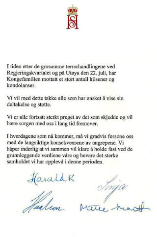  BREVET:  Her er kongefamiliens signerte takkebrev for hilsenener og kondolanser etter 22. juli. Faksimile: Slottet.no