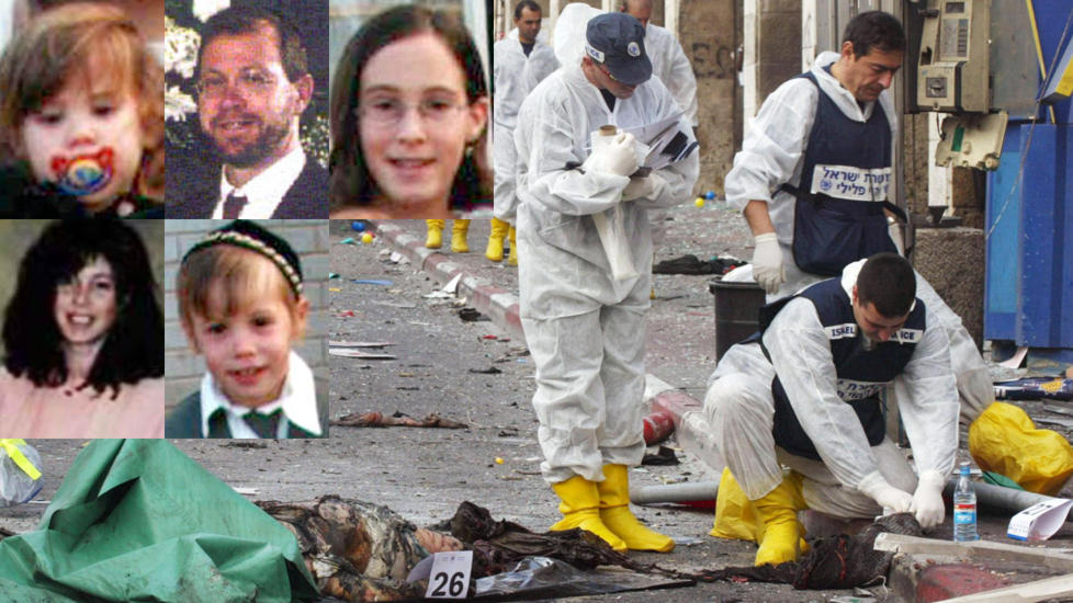 FEM AV SEKSTISEKS: Her er fem av ofrene etter at en selvmordsbomber sprengte en bombe laget av terroristen Abdallah Barghoutis, som har rett til 6000 kroner i m�nedsl�nn i tillegg til andre sosiale ytelser p� grunn av at han sitter i israelsk fengsel. Fra �verst til venstre: Hemda (2), Mordechai, Ra'aya (14), Tzira og Yitzhak (4). Foto: EPA/Israleske myndigheter
