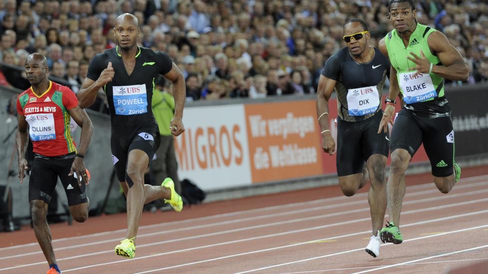 VANT LETT: Selv ikke Asafa Powell (nummer to fra venstre) hadde noe � stille opp med mot verdensmester Yohan Blake i Z�rich i kveld. Foto:  (AP Photo/KEYSTONE/Laurent Gillieron)