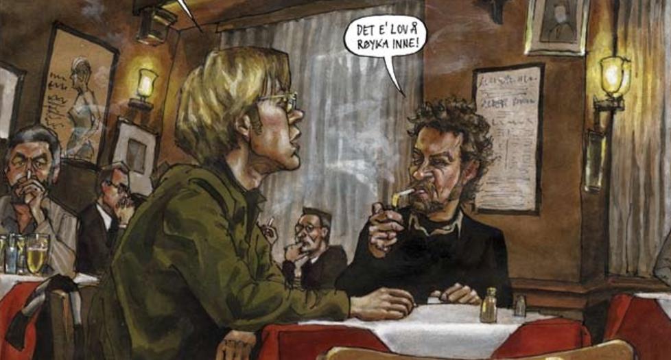 TEGNERE P� PUB: Rammehistorien for den nye tegneserieboka til Lars Fiske og Steffen Kverneland er en lang, r�ykfylt pubsamtale mellom de to tegnerne. Illustrasjon fra boka.