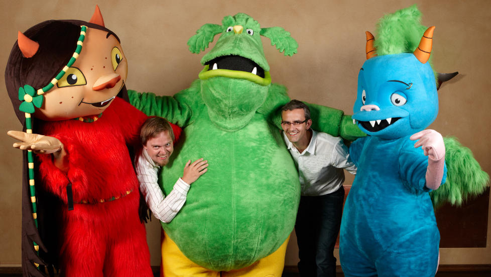 STORSATSING: F.v. monsteret Modika, illustrat�r Endre Skandfer, Buster, forfatter Endre Lund Eriksen og Bulder. �Dunderly� er h�stens storsatsing for barnehagebarn. Foto: GAN/Aschehoug