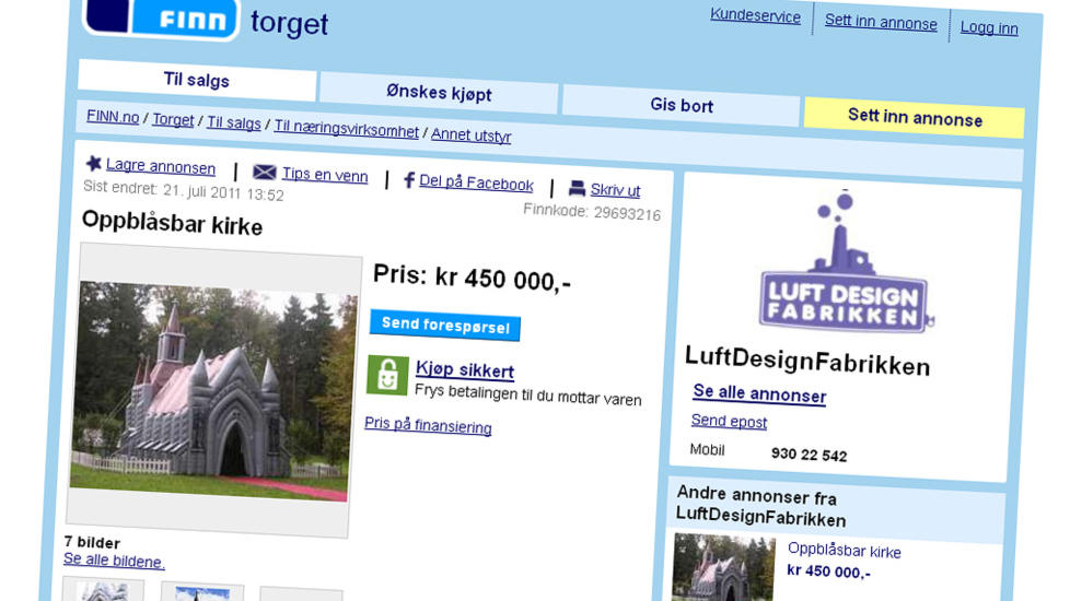 SPESIELL KIRKE:  P� Finn.no ligger annonsen som har f�tt over 30 000 sidevisninger siden den ble publisert 21. juli i �r. Hittil har ingen kj�pt kirka. Faksimile. Finn.no