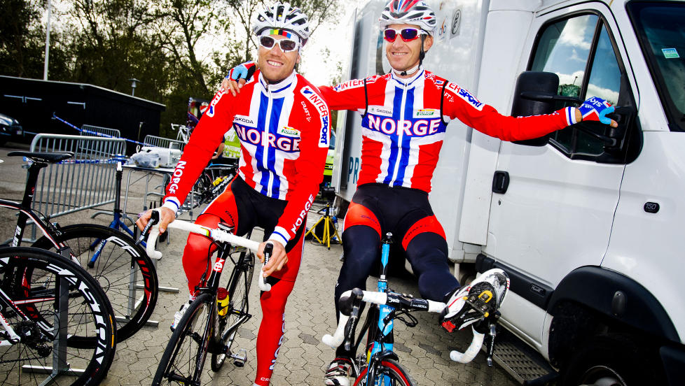 SLUTT FOR KURT: Kurt Asle Arvesen (t.h.) har tre ritt igjen av sykkelkarrieren. Det f�rste er fellesstarten i VM K�benhavn i morgen, der han skal hjelpe Thor Hushovd (t.v.) og Edvald Boasson Hagen til � kjempe om medaljer. Foto: Thomas Rasmus Skaug, Dagbladet