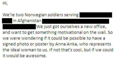 LOT SEG SJARMERE: Anna Anka syntes det var smigrende � f� en epost fra to norske soldater i Afghanistan. Faksimile: Anna Ankas e-post