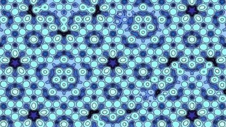 - FORBUDT M�NSTER: Atomene i en kvasikrystall er pakket sammen i et ordnet m�nster, men repeterer ikke seg selv. Bildet viser m�nsteret i en legering mellom s�lv og aluminium. Grafikk: US Department of Energy's Ames Laboratory