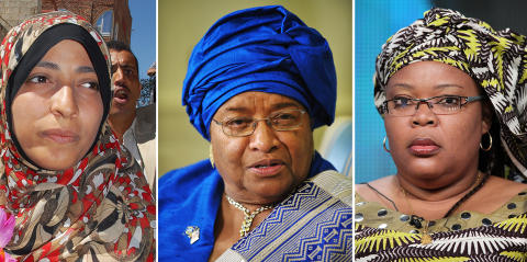 VINNERNE: Jemenittiske Tawakel Karman, liberiske Ellen Johnson Sirleaf og Leymah Gbowee. Foto: AFP PHOTO