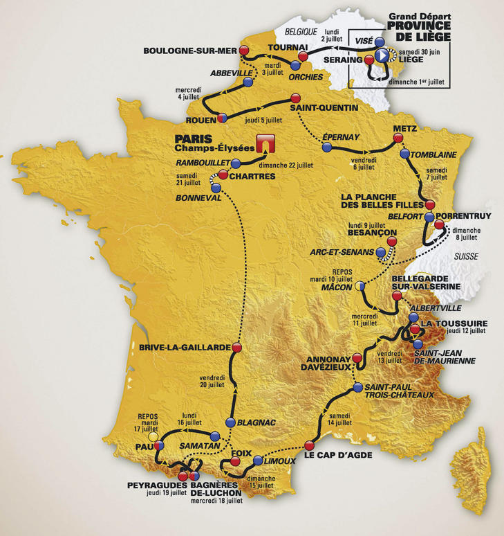 2012-RUTA: Neste �rs Tour de France-felt kommer til � tilbakelegge 3479 kilometer over tre uker p� veien fra Liege til Paris. KART: AP Photo/ASO/SCANPIX