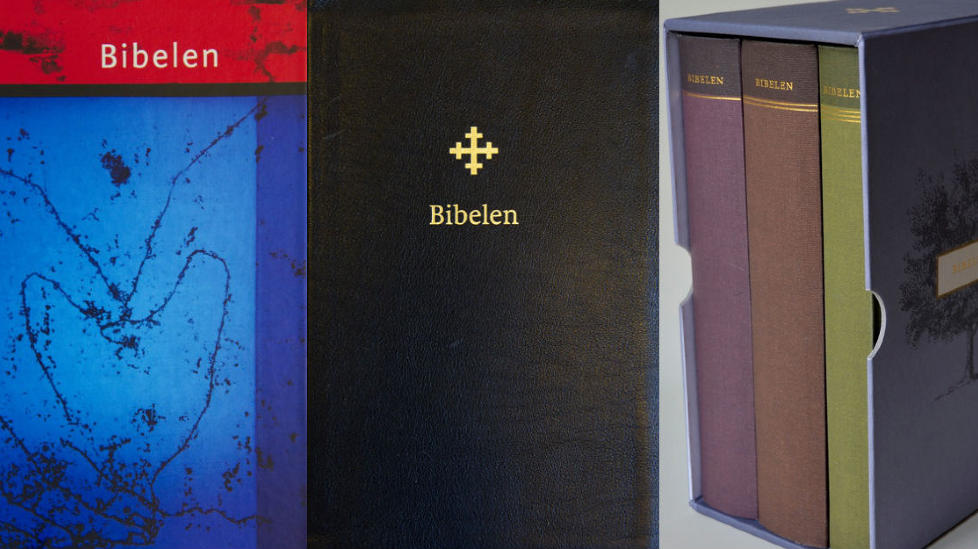 SKREDDERSYDD: Den nye versjonen av bibelen kommer i flere utgaver. Her er fra venstre standardutgaven, en i svart skinn og litteraturutgaven av den nye bibelen..