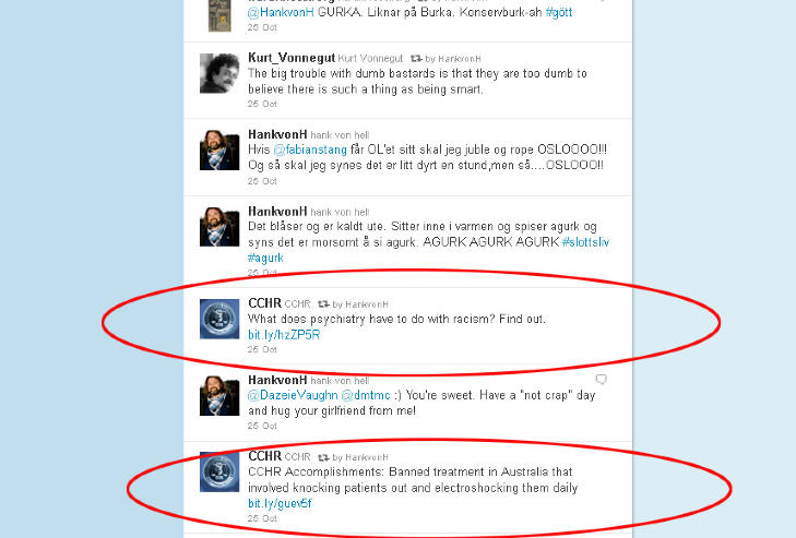 VIDERESENDER OFTE:  Jevnlig linker Hans Erik Dyvik Husby til CCHR-organisasjonens Twitter-meldinger. Dette er linker til mange minutter lange propagandavideoer, som blant annet hevder at psykiatrien har skylda for rasisme og trekker paralleller til Ku Klux Klan og Hitler.