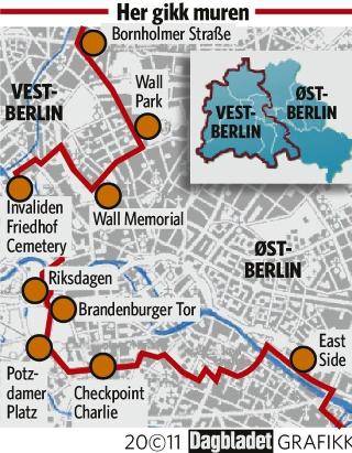 HER GIKK BERLIN-MUREN Grafikk: KJELL ERIK BERG