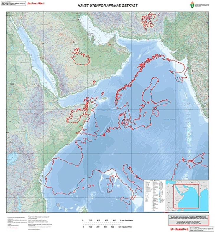 STORT HAVOMR�DE:  Havomr�det utenfor Afrikas �stkyst og Somalia er like stort som Europa. Derfor er Norges overv�kningsbidrag viktig. Foto: Digitale kartdata (c) Collins Bartholomew Ltd (2010) og FMGT.