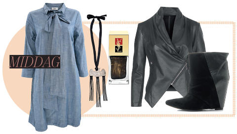 P� MIDDAG: Lang skjortekjole i denim med sl�yfe fra Bzr, kr 1099,- Kjede fra By Malene Birger, kr 899,- Neglelakk, Laque no 129, fra Yves Saint Laurent, kr 270,- Skinnjakke fra KappAhls designkolleksjon, kr 1499,- Isabel Marant-inspirert skolett med kileh� fra Aldo, kr 1199,- Foto: Produsentene