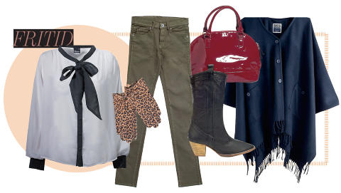 P� FRITIDEN: Bluse med sl�yfe fra Gina Tricot, 199,- Skinnhansker fra Vero Moda, kr 260,- Gr�nn denimbukse fra Dr. denim, kr 599,- Veske fra Lindex, kr 199,- Cowboyboots fra Zara, kr 799,- Cape fra Weekday, kr 600,- Foto: Produsentene