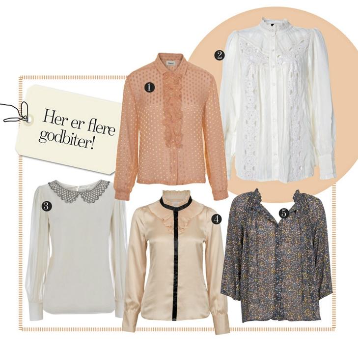GODBITER: 1. Ferskenfarget bluse fra Ganni, kr 1299,- 2. Hvit bluse fra Vero Moda, kr 499,- 3. Bluse fra Oasis, kr 450,- 4. Bluse med sl�yfe fra Bik Bok, kr 399,- 5. M�nstret bluse fra Soaked in Luxury, kr 499,- Foto: Produsentene