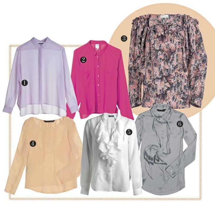 GODBITER: 1. Lilla skjorte fra Weekday, kr 320,- 2. Rosa skjorte fra Monki, kr 240,- 3. M�nstret bluse fra R�tzou, kr 1299,- 4. Ferskenfarget bluse fra Zara, kr 559,- 5. Hvit skjorte fra Lindex, kr 199,- 6. Gr� skjorte fra Zara, kr 559,- Foto: Produsentene