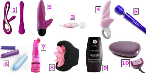 TIL HENNE: 1. Soraya rabbitvibrator er bestselgeren fra Lelo, best i test og et must for alle kvinnelige luksusdyr. Verdens vakreste rabbit-vibrator tilfredsstiller alle krav et erotisk leket�y i denne klassen b�r ha. F�s hos samtlige nettbutikker. (En rimeligere variant fra Lelo er G-Ki, en veldig effektiv g-punktsvibrator. F�s hos kondomeriet.no.) 2. Flash Mini er en dobbeltstimulerende rabbit-vibrator. En hit blant jenter! F�s hos ceciliekjensli.no. 3. Fairy, som minner om Magic Massager, men med trinnl�s vibrering og mer kraft. Finnes ogs� som fairy mini og fairy baby. F�s hos erotikknett.no. 4. Calla Vibe G4 er en oppgradert og redesignet oppf�lger av bestselgeren Stubby, som tidligere har vunnet mange best-i-test-priser. F�s hos ceciliekjensli.no og erotikknett.no. 5. Magic Massager, noe for b�de sm�barnsm�dre og svigermor? Trekant-favoritten fra i fjor, og alle sex-eksperters favoritt, er denne oppladbare og diskrete orgasmemaskinen. F�s hos ceciliekjensli.no. 6. Tango er en liten, helt diskret vibrator som ser ut som en leppestift. F�s hos kondomeriet.no og erotikknett.no. 7. Mini Opal klitorisvibrator er en fin venninnegave. Den er vanntett, har trinnl�s vibrasjon og h�ndleddstropp slik at du ikke mister den i dusjen. F�s hos kondomeriet.no. 8. Sqweel, oralsexmaskinen, er en klitoris stimulator som gir en unik f�lelse av � f� oralsex. F�s hos samtlige butikker. 9. Secret orgasmekrem for litt ekstra vinterkos er en bestselger. F�s hos kondomeriet.no.  10. MiMi vibratoregg som hun kan hygge seg med n�r gjestene har g�tt hjem. F�s hos kondomeriet.no. FOTO: Produsentene