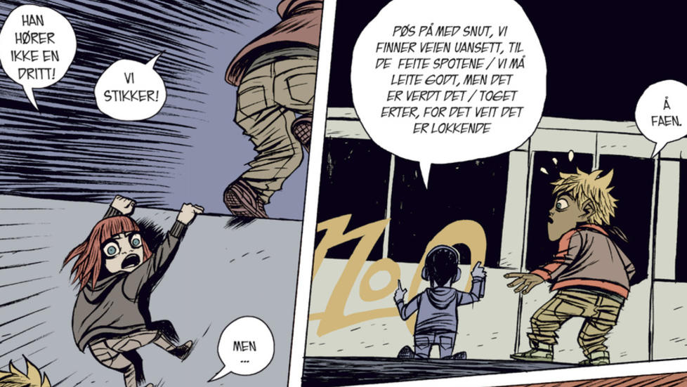 GRAFISK ROMAN: Tor Erling Naas og Sigbj�rn Lilleeng har dratt litt av superheltuniverset inn i ungdomsromansjangeren. Illustrasjon: FRA BOKA