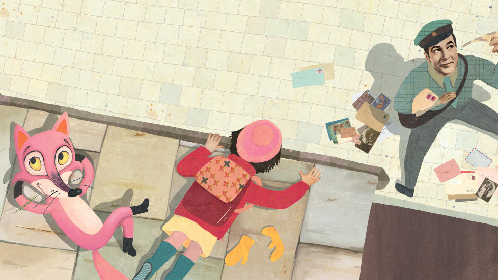 TIL BARNEHAGEN: Den lille fortelleren i Jill Moursunds nye barnebok m� finne veien til barnehagen p� egenh�nd, ved hjelp av en rosa rev. Illustrasjon fra boka