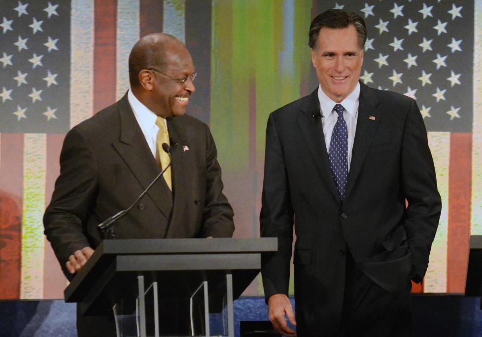 UTENRIKSDEBATT: Herman Cain vil la det v�re opp til milit�re selv � definere hva som er tortur, mens Mitt Romney lover � stoppe Iran fra � f� atomv�pen med alle mulige midler. Foto: Richard Shiro/AP/Scanpix