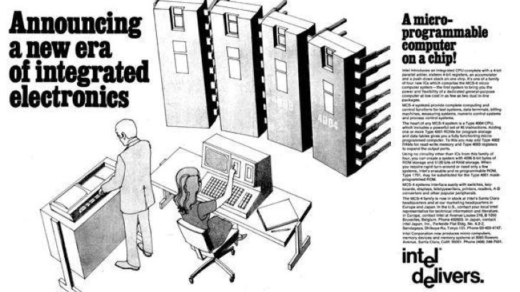 SATTE DATOEN: Denne reklamen for 4004-brikken var det f�rste verden s� av framtidas produkt. Reklamen sto p� trykk i Electronic News 15. november 1971, som er blitt satt som den offisielle datoen for lanseringen. Ubekreftede rykter skal ha det til at f�rste leveranse skjedde s� tidlig som mars 1971.