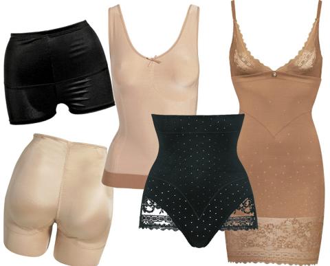 HOLD-IN UNDERT�Y: Svart og enkel boksershorts for deg som bare trenger litt hold-in hjelp, fra Ellos, kr 125. Bokser med innlegg i rumpa gir deg sprettrumpe i en fei, fra Spanx hos Nelly.com, kr 995. Hold-in singlet gj�r overkroppen din glattere og slankere. Fra Triumph, kr 299. Truse med h�yt liv gir fin innsving i livet, kr 399 fra Triumph. Hudfarget hold-in kjole er fint under lyse stoffer, kr 549 fra Triumph. Foto: Produsentene