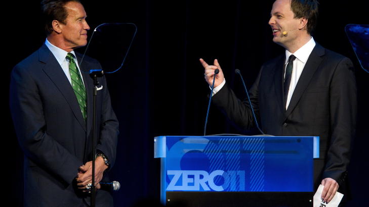 HOVEDATTRAKSJON: Arnold Schwarzenegger snakket om verdien av markedsf�ring av klimautfordringen p� g�rsdagens Zero-konferanse. Foto: Scanpix
