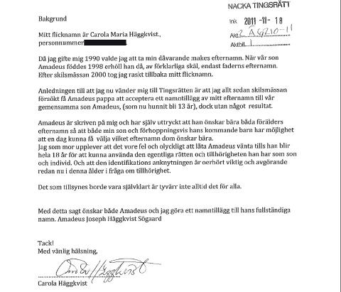 RETTEN: Her er Carolas brev til den svenske tingretten.