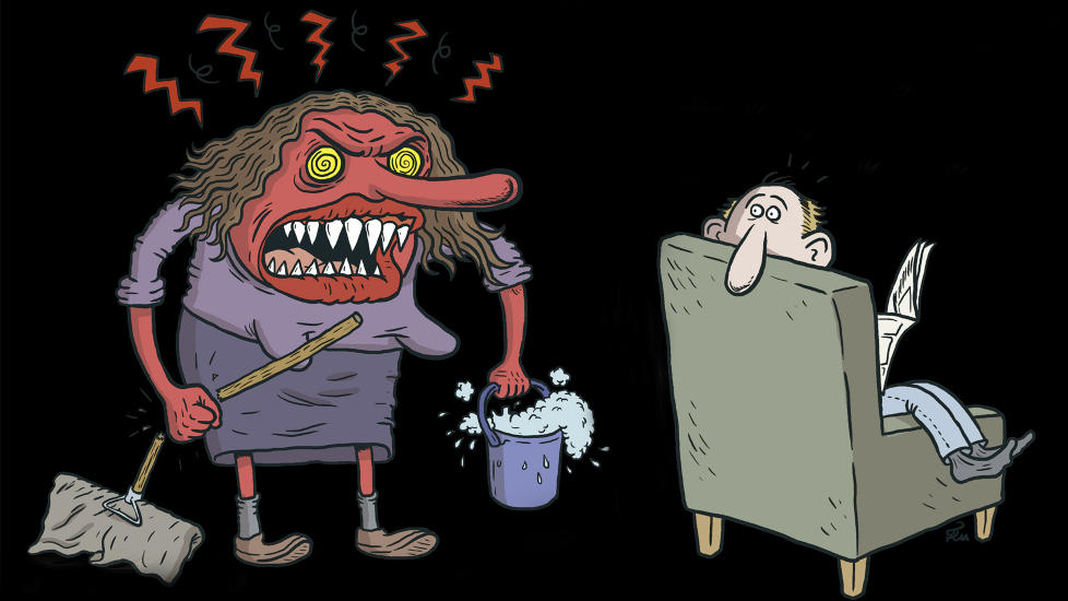 KJENNER DU DEG IGJEN?:  - Kvinnen er som regel den som klager og kjefter, mens mannen er taus, sier den danske samlivscoachen ved Parforholdsraad.dk, Mette Haulund. Illustrasjon: Flu Hartberg