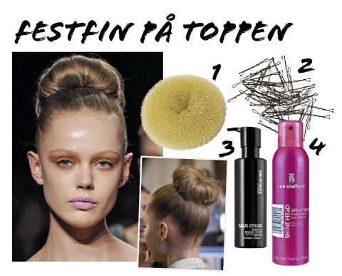 TOPP: 1. Hair donut fra Glitter, kr 89. 2. h�rspenner fra HM, kr 20. 3. Shu Umemura Rasai styling cream, kr 350. 4. Lee Stafford spray shine, kr 79. Foto: Fashionactive og produsentene.