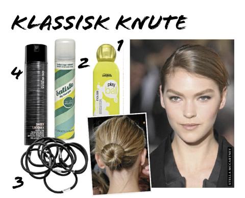 KNUTE: 1. L'Oreal Professionnel play ball mousse, kr 235. 2. Batiste Dry shampoo, kr 79. 3. H�rstrikker fra HM, kr 20. 4. Shu Uemura Sheer laquer hair spray, kr 350. Foto: Fashionactive og produsentene.
