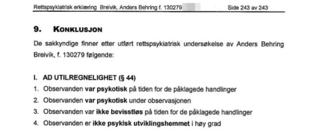 Her er de sakkyndiges konklusjon om Breivik