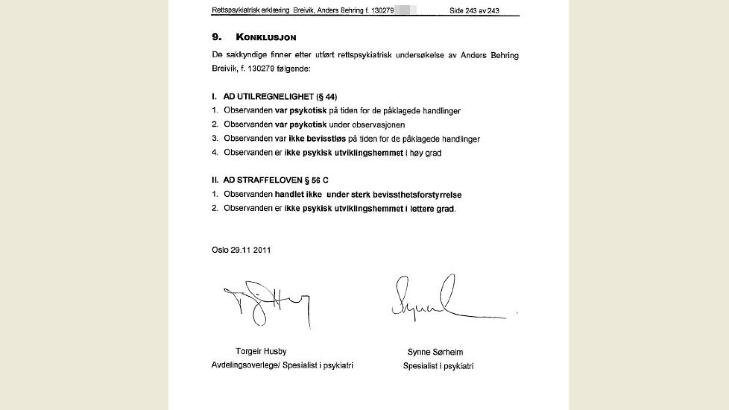 KONKLUSJONEN: Torgeir Husby og Synne S�rheim leverte i dag sin rapport, der de konkluderer med at Anders Behring Breivik er strafferettslig utilregnelig.