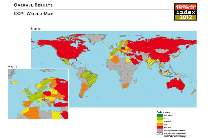 SLIK SCORER LANDENE: Dette kartet fra GermanWatch og CAN-Europe viser hvordan land presterer hva gjelder milj�. Sverige er best - og Norge har ramlet langt ned p� lista. Faksimile: Climate Change Performance Index